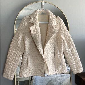 Cream Puffer Jacket with Diamond Quilting and Asymmetrical Zipper